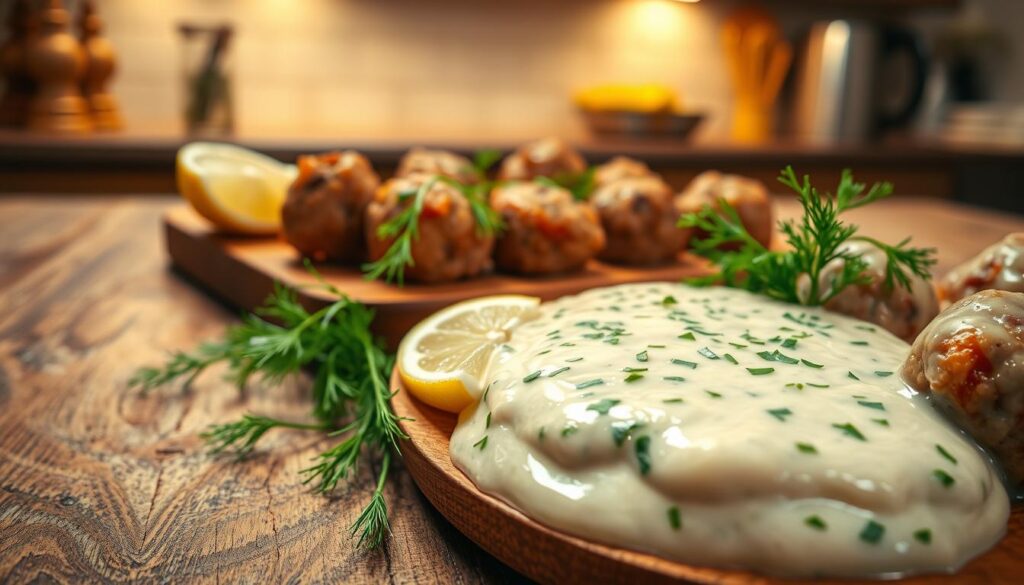 A delicious serving of dill sauce, known as "sos koperkowy," prominently featured in the foreground of the image. The sauce is creamy and rich, with vibrant green dill flakes scattered throughout, creating an inviting texture. Next to the sauce, there are tender meatballs, glistening with a light sheen, showcasing their juicy interior. In the middle ground, a rustic wooden table serves as the backdrop, adorned with sprigs of fresh dill and a few slices of lemon, adding a fresh and zesty element. In the background, there's a soft-focus kitchen setting with warm lighting, creating a cozy and inviting atmosphere. The composition captures a warm and appetizing mood, perfect for a culinary theme, with a slight overhead angle to highlight both the sauce and the meatballs. A delicious serving of dill sauce, known as "sos koperkowy," prominently featured in the foreground of the image. The sauce is creamy and rich, with vibrant green dill flakes scattered throughout, creating an inviting texture. Next to the sauce, there are tender meatballs, glistening with a light sheen, showcasing their juicy interior. In the middle ground, a rustic wooden table serves as the backdrop, adorned with sprigs of fresh dill and a few slices of lemon, adding a fresh and zesty element. In the background, there's a soft-focus kitchen setting with warm lighting, creating a cozy and inviting atmosphere. The composition captures a warm and appetizing mood, perfect for a culinary theme, with a slight overhead angle to highlight both the sauce and the meatballs.