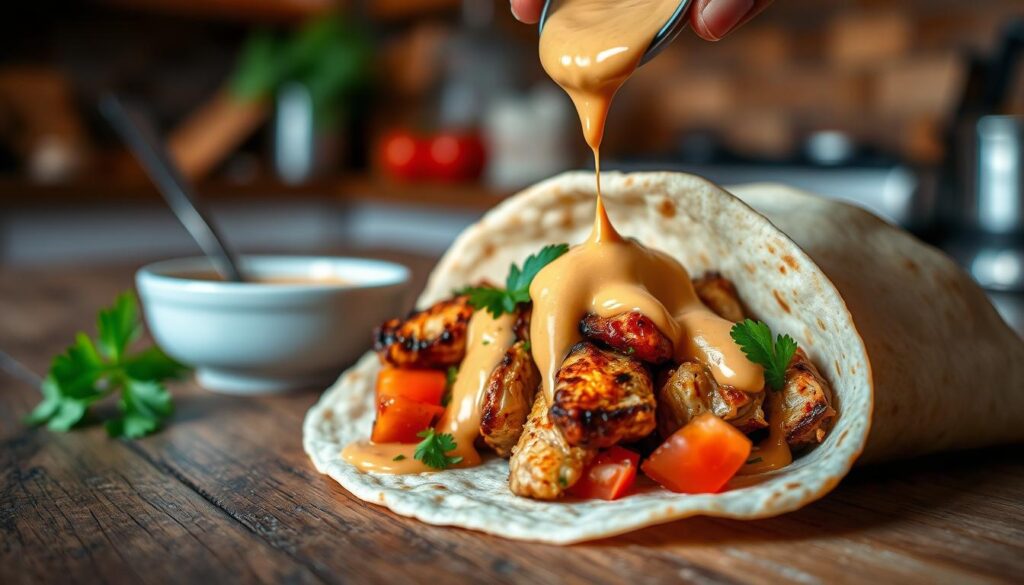 A delicious, warm tortilla filled with succulent grilled chicken pieces garnished with fresh cilantro and diced tomatoes. Drizzling a vibrant, creamy sauce over the chicken adds an appealing visual contrast, enhancing the dish's richness. In the foreground, the tortilla is slightly folded, showcasing the appetizing filling while being placed on a rustic wooden table. In the middle ground, a small bowl of the accompanying sauce sits beside the tortilla, emphasizing the thematic focus on chicken-based tortilla sauces. The background features a softly blurred kitchen setting with warm, inviting ambient lighting, creating a cozy atmosphere. The angle is slightly top-down, enhancing the presentation of the dish, inviting the viewer to experience the flavors of this delightful meal.