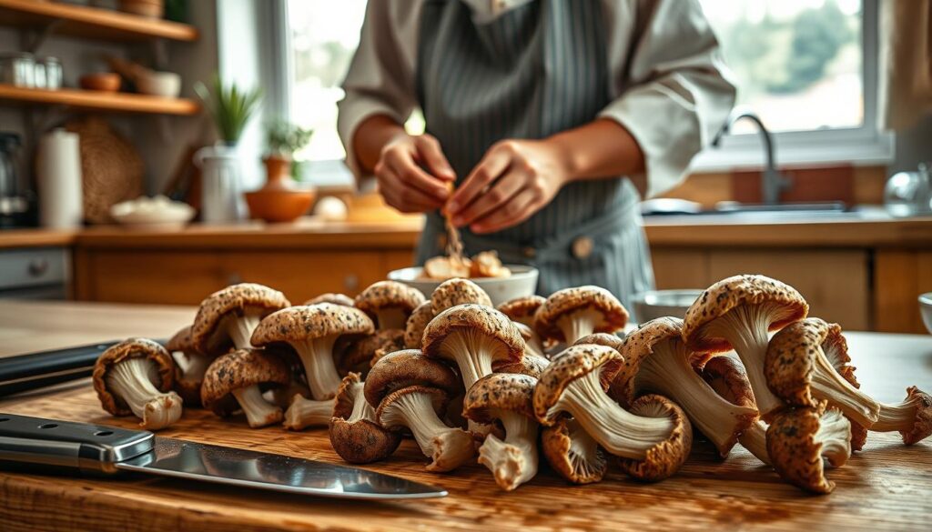 A detailed kitchen scene focused on the preliminary processing of porcini mushrooms (podgrzybki). In the foreground, an array of freshly picked porcini mushrooms is displayed on a wooden cutting board, with a sharp knife and a small bowl of water nearby for cleaning. In the middle, a chef wearing a modest apron attentively cleans the mushrooms, showcasing a methodical approach. The background features warm, inviting kitchen decor with soft, natural light filtering through a window, casting gentle shadows. The atmosphere is one of calm focus and culinary artistry, emphasizing freshness and attention to detail in mushroom preparation. The image should evoke a sense of warmth and professionalism, suitable for a food article.
