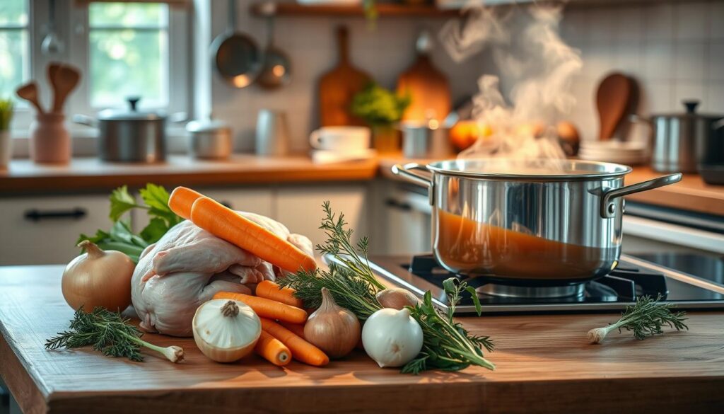 A detailed step-by-step preparation of classic Polish chicken broth, with a focus on clarity and precision. In the foreground, a beautifully arranged wooden kitchen countertop displaying fresh, vibrant ingredients: whole chicken, onions, carrots, celery, and aromatic herbs. The middle ground features a simmering pot on a stove, steam rising gently, with a soft golden hue illuminating the broth. In the background, a cozy kitchen setting with warm lighting, showcasing utensils, pots, and a window revealing a tranquil garden view. The mood is inviting and homely, emphasizing comfort and tradition. The composition captures the essence of cooking mastery, with a focus on clarity and successful broth preparation.