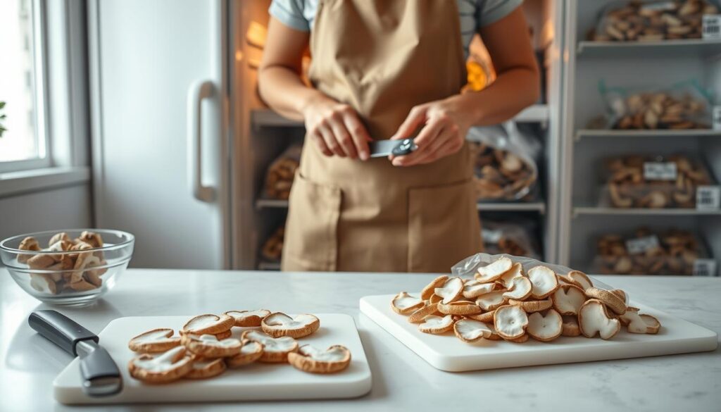 A detailed, step-by-step visual guide on freezing mushrooms, specifically brown-banded mushrooms, in a kitchen setting. In the foreground, display a tidy countertop with freshly harvested opieńki mushrooms, carefully arranged on a cutting board, alongside a knife and a bowl for portioning. In the middle ground, show a person wearing a modest kitchen apron, skillfully slicing the mushrooms into uniform pieces, focusing on methodical preparation. The background includes an open freezer door, revealing neatly packed freezer bags containing the sliced mushrooms, labeled for preservation. Soft, warm lighting creates a cozy atmosphere, enhancing the freshness of the mushrooms and the organized workspace. Shot from a slightly elevated angle to capture both the action in the foreground and the freezer, emphasizing culinary techniques in preserving flavor and freshness.