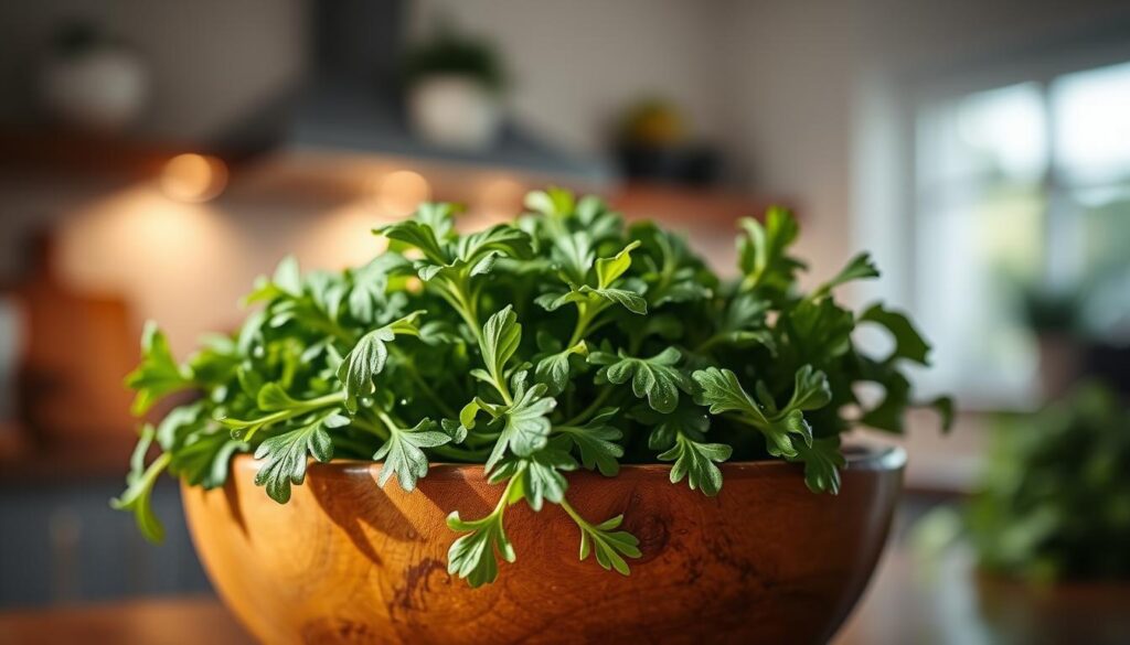 A fresh batch of arugula leaves elegantly displayed in a rustic wooden bowl, surrounded by droplets of water, conveying their freshness. The foreground features the vibrant green leaves glistening under soft, natural light, illuminating their texture. In the middle ground, there are light reflections creating a slightly blurred effect, enhancing the focus on the arugula. The background is a blurred kitchen setting with soft, warm lighting, suggesting a cozy home environment. The atmosphere is inviting and calm, perfect for cooking. The image captures the essence of storing fresh arugula, emphasizing its seasonal bounty and inviting the viewer to embrace healthy cooking. No people, text, or logos are included.