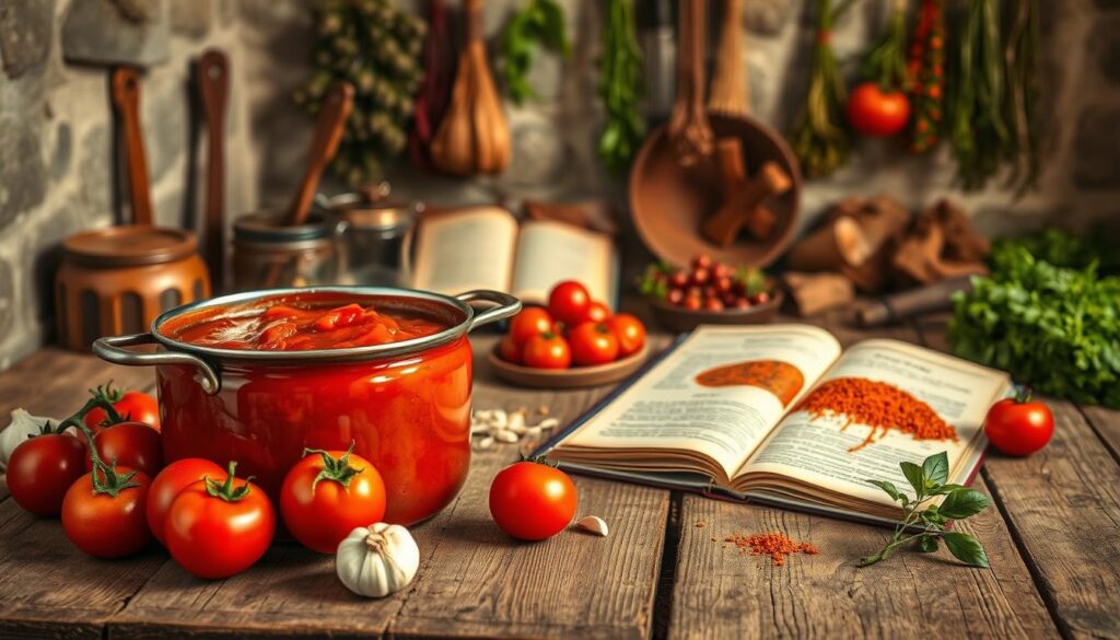 A historical depiction of tomato sauce, showcasing its origins and evolution. In the foreground, a rustic wooden table holds a pot of rich, vibrant red tomato sauce simmering, with fresh tomatoes, garlic, and herbs scattered around. In the middle, an ancient Italian kitchen setting with traditional utensils, a worn recipe book open to a page on tomato sauce history, and spices neatly arranged. The background fades into a soft focus of muted stone walls and hanging dried herbs, evoking a warm, nostalgic atmosphere. Lighting is warm and inviting, creating a golden glow that enhances the richness of the sauce. Capture this scene from a slightly elevated angle to highlight the ingredients and the pot, inviting the viewer into the world of culinary tradition.