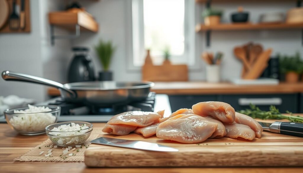 A kitchen countertop scene showcasing the preparation of chicken liver before cooking. In the foreground, a wooden cutting board with neatly arranged ingredients: fresh chicken livers, a small bowl of finely chopped onions, and a sprinkle of herbs. A sharp knife rests beside the livers. The middle ground features a well-lit frying pan on a stovetop, with a faint sizzle hinting at the cooking process. In the background, soft, diffused natural light streams in through a kitchen window, enhancing the warm and inviting atmosphere. The kitchen is rustic yet modern, with wooden shelves displaying cooking essentials. Capture a sense of homeliness and culinary enthusiasm, focusing on the textures and colors of the fresh ingredients, creating a mouth-watering visual.