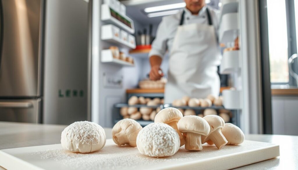 A kitchen scene featuring a modern freezer opened to reveal neatly packed frozen mushrooms, illustrating the preparation for cooking. In the foreground, a bright cutting board holds a few whole frozen mushrooms, frost glistening on their surfaces. In the middle, a professional chef in a white apron methodically selects mushrooms from the freezer, showcasing their readiness for cooking. The background includes shelves with organized kitchen utensils and pots, softly blurred to keep focus on the mushrooms and the chef. The lighting is bright and natural, coming from a window, creating an inviting and fresh atmosphere. The composition is shot at a slightly elevated angle to emphasize the action of preparing the ingredients straight from the freezer, highlighting a sense of efficiency and readiness in the kitchen. A kitchen scene featuring a modern freezer opened to reveal neatly packed frozen mushrooms, illustrating the preparation for cooking. In the foreground, a bright cutting board holds a few whole frozen mushrooms, frost glistening on their surfaces. In the middle, a professional chef in a white apron methodically selects mushrooms from the freezer, showcasing their readiness for cooking. The background includes shelves with organized kitchen utensils and pots, softly blurred to keep focus on the mushrooms and the chef. The lighting is bright and natural, coming from a window, creating an inviting and fresh atmosphere. The composition is shot at a slightly elevated angle to emphasize the action of preparing the ingredients straight from the freezer, highlighting a sense of efficiency and readiness in the kitchen.