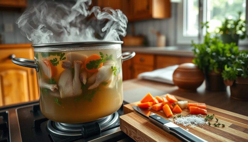 A kitchen scene showcasing the process of cooking traditional Polish chicken soup, known as rosół. In the foreground, a large pot simmers on the stove, filled with clear broth and floating pieces of chicken, carrots, and parsley. In the middle ground, a wooden cutting board with chopped vegetables and herbs lies next to the pot, with a sharp knife and a sprinkle of salt visible. The background features a cozy kitchen with warm wooden cabinets, a window letting in soft, natural light illuminating the steam rising from the pot. The atmosphere is inviting and homey, conveying the comforting essence of family cooking. The angle is slightly above, offering a view of the ingredients and cooking process without any text or watermarks.