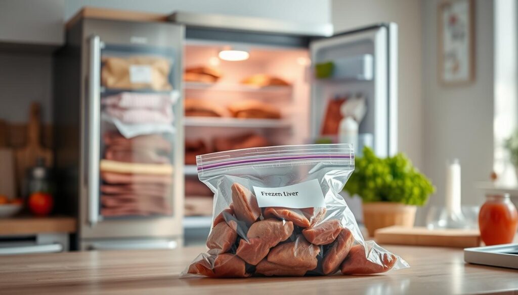 A neatly organized kitchen scene focusing on the proper storage of frozen chicken liver. In the foreground, there’s a clear, labeled freezer bag filled with frozen liver, the bag slightly frosty to indicate cold storage. In the middle ground, a modern refrigerator with an open door reveals shelves stocked with various neatly packaged meats. In the background, soft, natural light filters in through a nearby window, casting gentle shadows and creating a warm, inviting atmosphere. The setting feels clean and professional, emphasizing food safety and preparation. All items are arranged neatly, highlighting an organized and efficient cooking space.