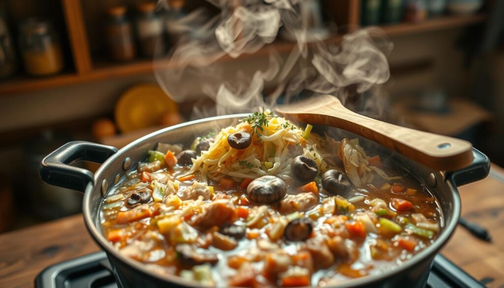 A pot of bigos simmering on a stovetop, filled with an assortment of colorful shredded cabbage, chopped vegetables, and chunks of meat, with dried mushrooms visibly incorporated into the mix. The focus is on the vibrant steam rising from the pot, capturing the essence of cooking. In the foreground, a wooden spoon rests on the edge of the pot, with a sprinkle of herbs on top for added color. The middle ground features the pot atop a rustic wooden kitchen table, illuminated by soft, warm light coming from a nearby window. The background is slightly blurred, suggesting a cozy kitchen setting, with wooden shelves filled with spices and jars. The mood is inviting and homely, evoking a sense of tradition and culinary warmth. A pot of bigos simmering on a stovetop, filled with an assortment of colorful shredded cabbage, chopped vegetables, and chunks of meat, with dried mushrooms visibly incorporated into the mix. The focus is on the vibrant steam rising from the pot, capturing the essence of cooking. In the foreground, a wooden spoon rests on the edge of the pot, with a sprinkle of herbs on top for added color. The middle ground features the pot atop a rustic wooden kitchen table, illuminated by soft, warm light coming from a nearby window. The background is slightly blurred, suggesting a cozy kitchen setting, with wooden shelves filled with spices and jars. The mood is inviting and homely, evoking a sense of tradition and culinary warmth.