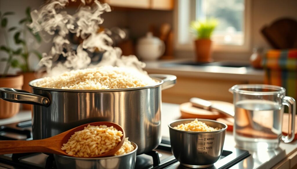 A pot of brown rice simmering on a stovetop, with steam gently rising from the lid, set against a cozy kitchen background. In the foreground, a wooden spoon rests beside the pot, with a small bowl of uncooked brown rice and a measuring cup filled with water nearby, emphasizing the cooking process. The kitchen is warmly lit, with sunlight streaming through a window, creating a inviting and homely atmosphere. Elements like a potted herb on the windowsill and a colorful kitchen towel add charm to the scene. The focus is sharp on the pot and the rice, capturing the texture of the grains, while the background is slightly blurred to enhance depth. The overall mood conveys warmth and the comforting experience of preparing a nourishing meal.
