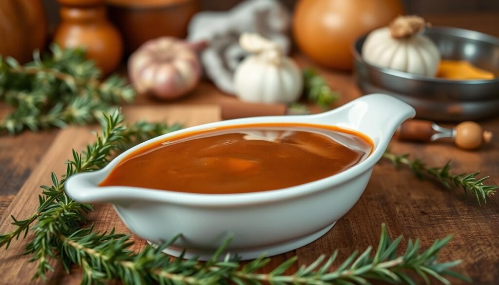 A rich and glossy gravy, known as "sos pieczeniowy," is the focal point of the image, displayed in a elegant white ceramic saucer. The sauce is a deep brown color, reflecting light with a smooth texture. Surrounding the saucer, fresh herbs—like thyme and rosemary—add vibrant green accents. In the background, a rustic wooden table setting complements the dish, with softly lit kitchen tools and ingredients like garlic and onions subtly blurred to create depth. The scene is warmly lit, evoking a cozy kitchen atmosphere, with a shallow depth of field focusing on the sauce while the background remains softly out of focus. The overall mood is inviting and appetizing, perfect for illustrating a quick cooking recipe.