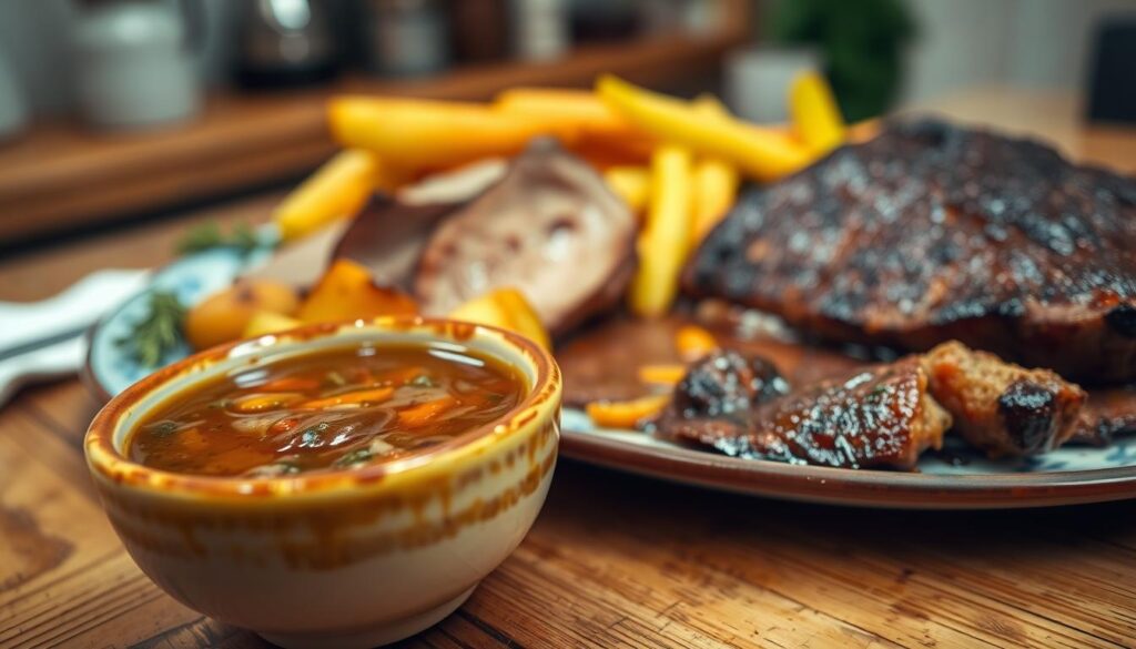 A rich and savory "sos pieczeniowy" served in a small, elegant ceramic bowl on a rustic wooden table. The foreground features the sauce, thick and glossy, with bits of herbs and spices visible, indicating its depth of flavor. Surrounding the bowl, freshly sliced roast meat, glistening with juices, alongside golden roasted potatoes and vibrant steamed vegetables, creating a colorful and inviting plate. In the background, a softly blurred kitchen scene with warm, ambient lighting enhances the homely atmosphere. The angle should be slightly above eye level, capturing the delicious details of the dish while maintaining a cozy and appetizing mood without text or overlays.