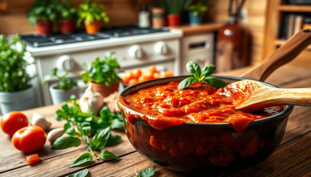 A rich and vibrant image of a classic tomato sauce, thick and glossy, simmering in a rustic saucepan on a wooden kitchen counter. In the foreground, a wooden spoon rests against the edge of the pan, glistening with the deep red sauce, accentuated by fresh basil leaves scattered around. In the middle, chopped tomatoes, garlic cloves, and sprigs of parsley add a pop of color and texture, hinting at the ingredients used. The background features a softly lit kitchen with warm, inviting tones, showcasing herbs in pots and an old-fashioned stove. Natural light filters in through a nearby window, creating a cozy atmosphere, perfect for a homely cooking scene. Aim for a close-up angle to emphasize the sauce's luscious texture and the inviting colors.