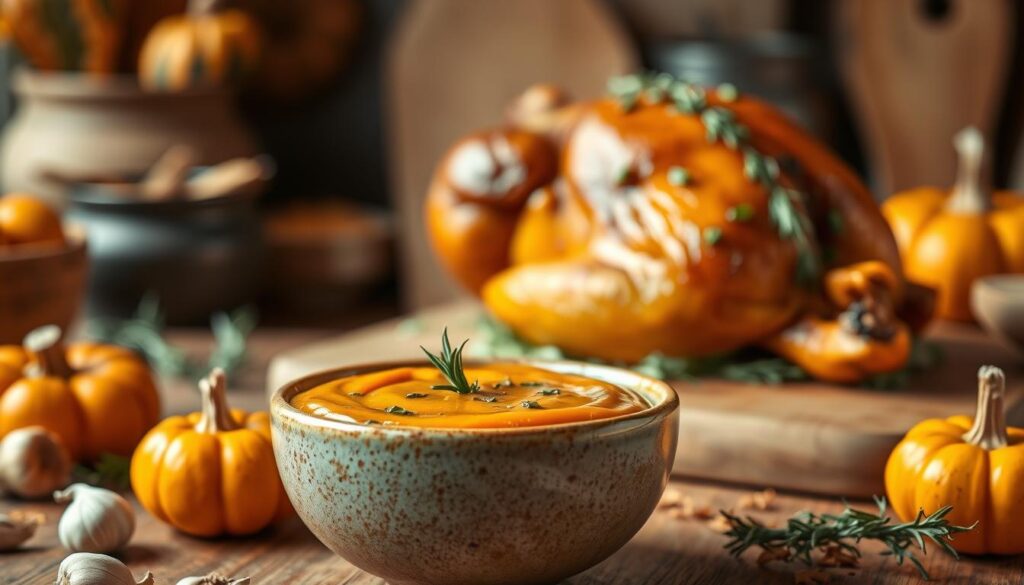 A rich and vibrant pumpkin sauce artfully presented in a rustic ceramic bowl, positioned prominently in the foreground. The sauce is smooth and glossy, with visible spices and herbs sprinkled on top for added texture. Surrounding the bowl, a scattering of fresh ingredients like garlic cloves, sprigs of rosemary, and small pumpkins add depth and context. In the middle ground, a beautifully roasted chicken garnished with herbs sits invitingly on a wooden cutting board, showcasing its golden-brown skin glistening under soft, warm lighting. The background features a blurred autumn-themed kitchen setting, with earthy tones of brown and orange, creating a cozy and inviting atmosphere. The overall mood evokes a sense of warmth and comfort, perfect for a fall feast.