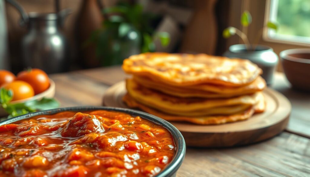 A rich, appetizing bowl of Hungarian sauce, known as "sos węgierski," placed prominently in the foreground, with a vibrant red and orange color palette showcasing fresh bell peppers, tomatoes, and spices. The sauce has a thick, glossy texture, reflecting the light from a warm, cozy kitchen setting. In the middle, a stack of crispy potato pancakes (placki ziemniaczane) sits on a rustic wooden table, golden-brown and perfectly cooked, invitingly drenched in the sauce. In the background, soft natural light filters through a window, creating a welcoming atmosphere with hints of greenery. The scene evokes a sense of warmth and homeliness, emphasizing the hearty, delicious nature of this traditional dish. The angle is a slight top-down view, capturing both the sauce and the pancakes in a mouthwatering composition.