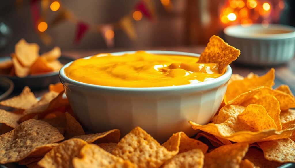 A rich, creamy cheese dip in a white ceramic bowl, overflowing with a smooth, melted cheddar texture. The dip appears golden yellow, glistening under warm overhead lighting, creating an inviting and mouth-watering ambiance. In the foreground, crispy, golden-brown tortilla chips are scattered around the bowl, some partially dipped into the cheese, showcasing a perfect scoop. The middle ground features a rustic wooden table, adding warmth and a casual feel to the scene. In the background, soft-focus party decorations, such as colorful streamers and fairy lights, subtly enhance the festive atmosphere. Capture this scene from a slightly elevated angle to emphasize the dip's texture and inviting presentation, evoking a sense of celebration and indulgence that’s perfect for a gathering. A rich, creamy cheese dip in a white ceramic bowl, overflowing with a smooth, melted cheddar texture. The dip appears golden yellow, glistening under warm overhead lighting, creating an inviting and mouth-watering ambiance. In the foreground, crispy, golden-brown tortilla chips are scattered around the bowl, some partially dipped into the cheese, showcasing a perfect scoop. The middle ground features a rustic wooden table, adding warmth and a casual feel to the scene. In the background, soft-focus party decorations, such as colorful streamers and fairy lights, subtly enhance the festive atmosphere. Capture this scene from a slightly elevated angle to emphasize the dip's texture and inviting presentation, evoking a sense of celebration and indulgence that’s perfect for a gathering.