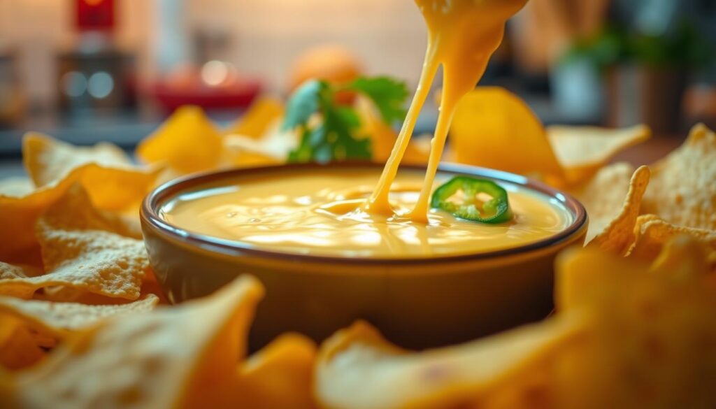 A rich, creamy cheese sauce, bubbling gently in a stylish bowl, surrounded by crispy nacho chips ready for dipping. The foreground features a close-up of the cheese sauce, showcasing its smooth texture and glossy surface, with melted cheese strands stretching between the chips. In the middle ground, vibrant, colorful jalapeño slices and fresh cilantro garnish the sauce, adding visual appeal. The background includes a warm, cozy kitchen atmosphere with soft, diffuse lighting that highlights the deliciousness of the scene. Use a shallow depth of field to focus on the cheese sauce while keeping the chips slightly blurred, evoking a mouthwatering and inviting mood, perfect for sharing with friends during a movie night.