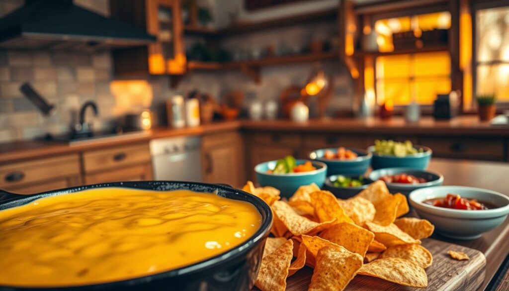 A rich, creamy cheese sauce bubbling in a warm cast-iron skillet, glistening under soft, warm kitchen lighting. In the foreground, a wooden board is adorned with crispy, golden nacho chips, perfectly arranged for dipping. The middle ground features a handsomely styled serving table with bowls of various toppings like jalapeños, guacamole, and salsa, creating an inviting atmosphere. The background showcases a cozy kitchen with rustic wooden shelves, illuminated by golden hour sunlight filtering through a nearby window, enhancing the warm, nostalgic feel. The overall mood is warm and inviting, evoking a sense of sharing and enjoying a comforting snack. The composition is focused closely on the cheese sauce and nachos, creating a mouth-watering visual experience.