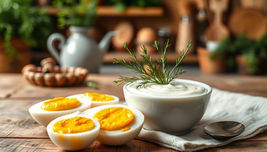 A rich, creamy dill sauce elegantly presented in a small bowl, with a smooth texture and fresh green dill sprigs artfully arranged on top. The foreground features lightly boiled eggs, cut in half, showcasing their bright yellow yolks, glistening with a hint of moisture. The middle layer includes a rustic wooden table with a soft, linen napkin and a vintage spoon beside the bowl. In the background, softly blurred kitchen elements like herbs, cooking utensils, and warm wooden shelves create a cozy, inviting atmosphere. The lighting is warm and natural, capturing the freshness of the ingredients, while a gentle depth of field focuses on the sauce and eggs. The mood is cheerful and homey, perfect for a culinary delight. A rich, creamy dill sauce elegantly presented in a small bowl, with a smooth texture and fresh green dill sprigs artfully arranged on top. The foreground features lightly boiled eggs, cut in half, showcasing their bright yellow yolks, glistening with a hint of moisture. The middle layer includes a rustic wooden table with a soft, linen napkin and a vintage spoon beside the bowl. In the background, softly blurred kitchen elements like herbs, cooking utensils, and warm wooden shelves create a cozy, inviting atmosphere. The lighting is warm and natural, capturing the freshness of the ingredients, while a gentle depth of field focuses on the sauce and eggs. The mood is cheerful and homey, perfect for a culinary delight.