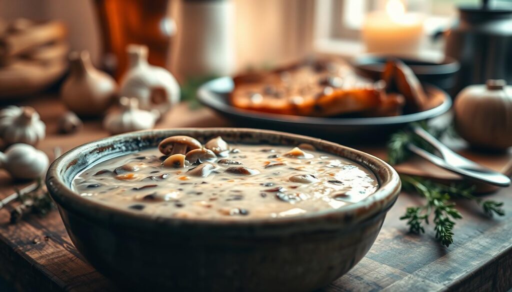 A rich, creamy mushroom sauce designed for pork neck (karkówka), displayed in a rustic ceramic bowl. In the foreground, the sauce glistens with a glossy finish, flecked with pieces of sautéed mushrooms and hints of caramelized onions. The bowl sits on a wooden cutting board, surrounded by fresh ingredients like herbs, a head of garlic, and whole mushrooms. In the middle ground, a beautifully seared pork neck slice rests on a plate, coated lightly with the sauce, showcasing its golden-brown crust. The background features a softly blurred kitchen setting with warm, inviting lighting that enhances the home-cooked feel. The atmosphere is cozy and appetizing, perfect for a comforting meal. The image is shot with a shallow depth of field, focusing on the sauce and pork while maintaining an inviting ambiance.