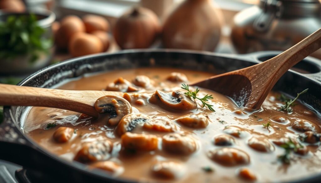 A rich, creamy mushroom sauce elegantly simmering in a rustic cast iron skillet, showcasing chunks of sautéed mushrooms and fresh herbs, with a textured, velvety consistency. In the foreground, a wooden spoon stirs the sauce, highlighting its thick, luscious texture. The background features a softly lit kitchen environment, with warm ambient light filtering through a window, illuminating the rich earth tones of the dish and surrounding ingredients. Subtle steam wafts from the skillet, adding a sense of warmth and home-cooked comfort to the scene. The composition captures the essence of cooking, evoking a cozy, inviting atmosphere perfect for culinary inspiration. The image is free of any text or branding, focusing solely on the delicious depiction of thickening mushroom sauce.