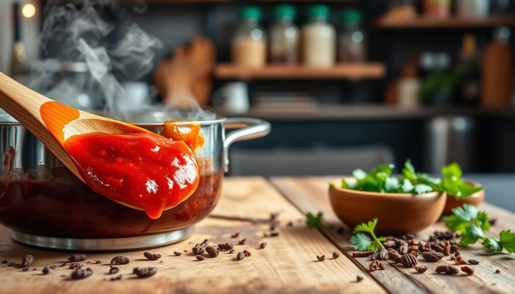 A rich, dark red sauce simmering in a stainless steel saucepan over low heat, with steam rising gently to create a warm atmosphere. In the foreground, a wooden spoon rests against the side of the saucepan, capturing droplets of the glossy sauce. The middle ground showcases a rustic wooden table strewn with dark herbs and spices that enhance the sauce, with a small bowl of freshly chopped parsley nearby for garnish. The background features blurred kitchen elements, like softly glowing overhead lights and a shelf with neatly arranged condiments, suggesting a homey kitchen environment. The composition is shot from a slightly elevated angle, emphasizing the texture and density of the sauce, creating an inviting and appetizing mood.