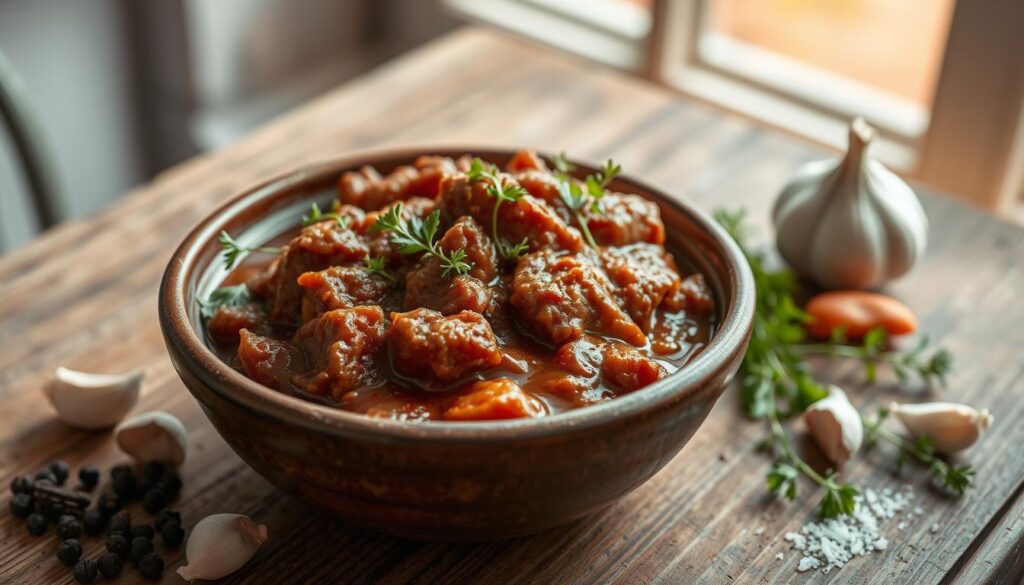 A rich, flavorful meat sauce, presented in a rustic bowl, set on a wooden table with a textured surface. The sauce is a deep, glossy brown, adorned with sprigs of fresh herbs like parsley and thyme, reflecting its savory richness. Surrounding the bowl, there are fresh ingredients like cracked black pepper, vibrant garlic cloves, and a pinch of sea salt to hint at the sauce's preparation. Soft, diffused natural light filters in from an out-of-focus window in the background, creating a warm, inviting atmosphere. The camera angle is slightly above the bowl, emphasizing the rich texture of the sauce while capturing the vibrant colors of the surrounding ingredients, evoking a sense of comfort and gourmet elegance. A rich, flavorful meat sauce, presented in a rustic bowl, set on a wooden table with a textured surface. The sauce is a deep, glossy brown, adorned with sprigs of fresh herbs like parsley and thyme, reflecting its savory richness. Surrounding the bowl, there are fresh ingredients like cracked black pepper, vibrant garlic cloves, and a pinch of sea salt to hint at the sauce's preparation. Soft, diffused natural light filters in from an out-of-focus window in the background, creating a warm, inviting atmosphere. The camera angle is slightly above the bowl, emphasizing the rich texture of the sauce while capturing the vibrant colors of the surrounding ingredients, evoking a sense of comfort and gourmet elegance.