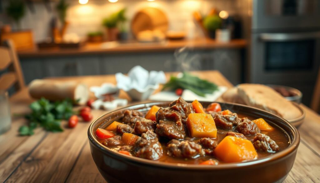 A rich, hearty bowl of beef goulash sits prominently in the foreground, overflowing with tender chunks of simmered beef, vibrant chunks of bell peppers, and carrots, all enveloped in a luscious, deep brown sauce. Steam rises gently from the bowl, suggesting warmth and comfort. In the middle ground, a rustic wooden table adds warmth, surrounded by scattered ingredients like fresh herbs, spices, and a loaf of crusty bread, hinting at preparation. The background features a cozy kitchen with soft, ambient lighting, emphasizing a homey atmosphere. The scene is captured at an eye-level angle to draw the viewer in, with a shallow depth of field that softly blurs the background, focusing attention on the goulash, evoking feelings of warmth and culinary delight.