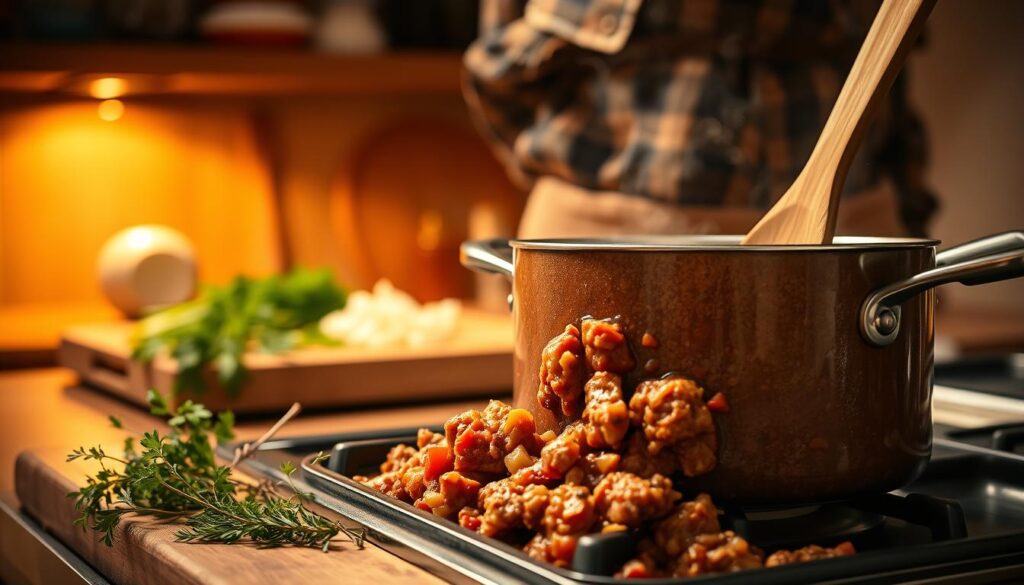 A rich, savory meat sauce prepared with ground meat in a rustic kitchen setting, showcasing a bubbling pot on a stove, steam rising in the warm light. In the foreground, herbs like thyme and parsley are artfully scattered around the pot, while a wooden spoon rests thoughtfully beside it. In the middle ground, a cutting board displays chopped onions and garlic, emphasizing freshness and preparation. The background reveals an inviting kitchen with warm wooden tones and dim lighting, creating a cozy atmosphere. The scene is viewed from a slightly elevated angle, focusing on the textures of the meat sauce as it simmers. Soft, warm lighting enhances the rich browns and reds of the sauce, evoking a sense of home-cooked comfort and culinary warmth.