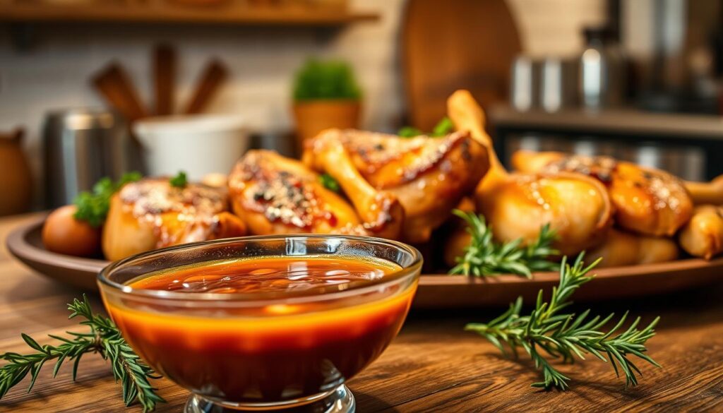 A rich, savory sauce prominently displayed in an elegant glass bowl sits at the forefront, surrounded by fresh herbs like thyme and rosemary. In the middle ground, an inviting platter showcases beautifully roasted meats, such as succulent pork chops and golden brown chicken thighs, creating an appealing feast. In the background, a rustic kitchen setting is gently illuminated by warm, soft lighting, adding a cozy atmosphere to the scene. The composition highlights the texture and glossy sheen of the sauce, while the meats exude an appetizing aroma. The angle is slightly above eye level, providing a compelling view of the sauce and meats, inviting the viewer into a heartwarming culinary experience. The overall mood is inviting and comforting, perfect for a home-cooked meal.