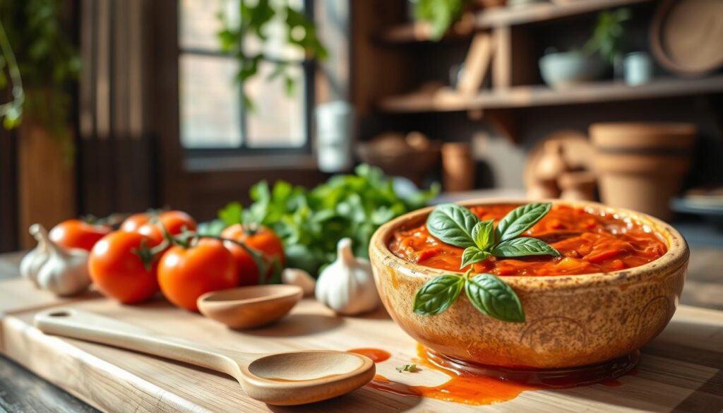 A rich tomato sauce for pizza is prominently displayed in a rustic ceramic bowl, with vibrant red hues and a glossy texture reflecting light. Fresh basil leaves are scattered on top, adding a pop of green. In the foreground, a wooden spoon rests beside the bowl, with a few splatters of sauce on the cutting board, emphasizing a homemade feel. The middle ground features ripe tomatoes, garlic cloves, and herbs arranged artfully around the bowl, capturing the essence of Italian cuisine. The background is softly blurred, with warm, inviting kitchen elements like hanging herbs, and dark wooden shelves. Natural light streams in from a nearby window, casting gentle shadows, creating a cozy and inviting atmosphere, perfect for inspiring the art of pizza making.