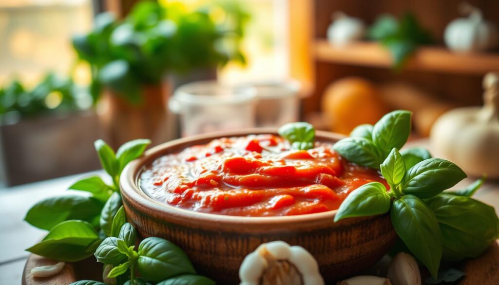 A rich, velvety tomato sauce is the focal point, nestled in a rustic ceramic bowl, lightly steaming to suggest warmth and freshness. The sauce glistens with a balanced, deep red hue, hinting at its savory flavors from a carefully brewed broth. Surrounding the bowl, fresh basil leaves provide a vibrant green contrast, while a scattering of garlic cloves and a hint of finely chopped onion can be seen in the foreground. In the background, a soft-focus kitchen scene with wooden shelves and gently glowing herbs creates a cozy ambiance, illuminated by warm, natural light coming through a nearby window. The composition is shot from a slightly elevated angle, ensuring the sauce remains the star, evoking a feeling of inviting warmth and comfort.