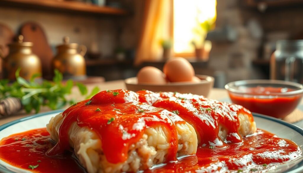 A rich, vibrant plate of traditional Polish gołąbki drizzled generously with a glossy, deep red tomato sauce, highlighting its luscious texture and inviting sheen. In the foreground, focus on the gołąbki, stuffed cabbage rolls with visible grains of rice and finely chopped meat. The middle ground features a rustic wooden table adorned with scattered fresh herbs and a small bowl of the tomato sauce, glistening in the light. The background is softly blurred, hinting at a cozy kitchen with warm, diffused golden light creating a welcoming atmosphere. The scene evokes a sense of homeliness and tradition, inviting viewers to enjoy a comforting classic. Use a warm color palette with an emphasis on red and green tones for a wholesome feel.