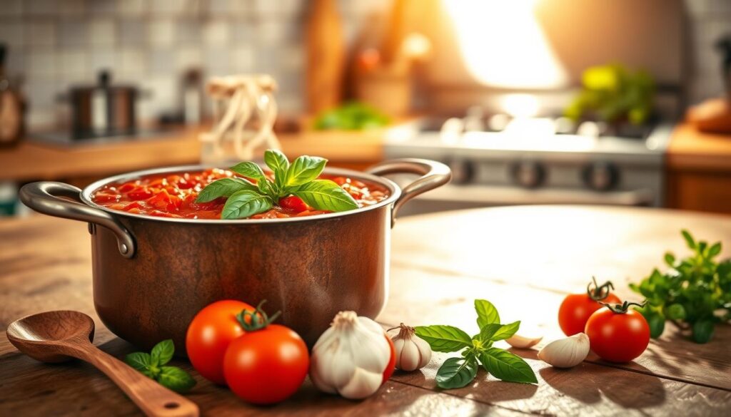 A rich, vibrant tomato sauce bubbling in a rustic saucepan on a wooden table, garnished with fresh basil leaves and a sprinkle of oregano. In the foreground, a wooden spoon rests beside the pot, while a few ripe tomatoes, garlic cloves, and a drizzle of olive oil are artfully arranged around it. The middle ground features a softly lit kitchen setting with warm, natural light streaming in from a nearby window, casting gentle shadows that enhance the inviting atmosphere. The background is tastefully blurred, showcasing a hint of an oven and leafy herbs, evoking the warmth of an Italian kitchen. The scene conveys a homemade, authentic feel, inspiring a sense of comfort and culinary creativity.