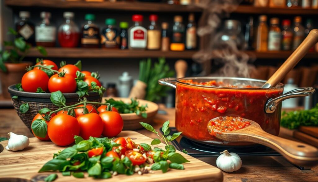 A rustic kitchen countertop featuring a vibrant bowl of fresh tomatoes, herbs, and spices, symbolizing the ingredients for a rich spaghetti sauce. In the foreground, a wooden cutting board with freshly chopped basil and garlic. The middle ground showcases a simmering pot of thick, aromatic tomato sauce, steam rising gently, with a wooden spoon resting nearby. The background includes shelves filled with jars of spices and oils, softly lit by warm, inviting lighting, creating a cozy atmosphere. The angle is slightly overhead, drawing focus to the sauce preparation, evoking a sense of warmth and home cooking, emphasizing the importance of creating a homemade spaghetti sauce. The scene should radiate a cheerful and nourishing vibe. A rustic kitchen countertop featuring a vibrant bowl of fresh tomatoes, herbs, and spices, symbolizing the ingredients for a rich spaghetti sauce. In the foreground, a wooden cutting board with freshly chopped basil and garlic. The middle ground showcases a simmering pot of thick, aromatic tomato sauce, steam rising gently, with a wooden spoon resting nearby. The background includes shelves filled with jars of spices and oils, softly lit by warm, inviting lighting, creating a cozy atmosphere. The angle is slightly overhead, drawing focus to the sauce preparation, evoking a sense of warmth and home cooking, emphasizing the importance of creating a homemade spaghetti sauce. The scene should radiate a cheerful and nourishing vibe.