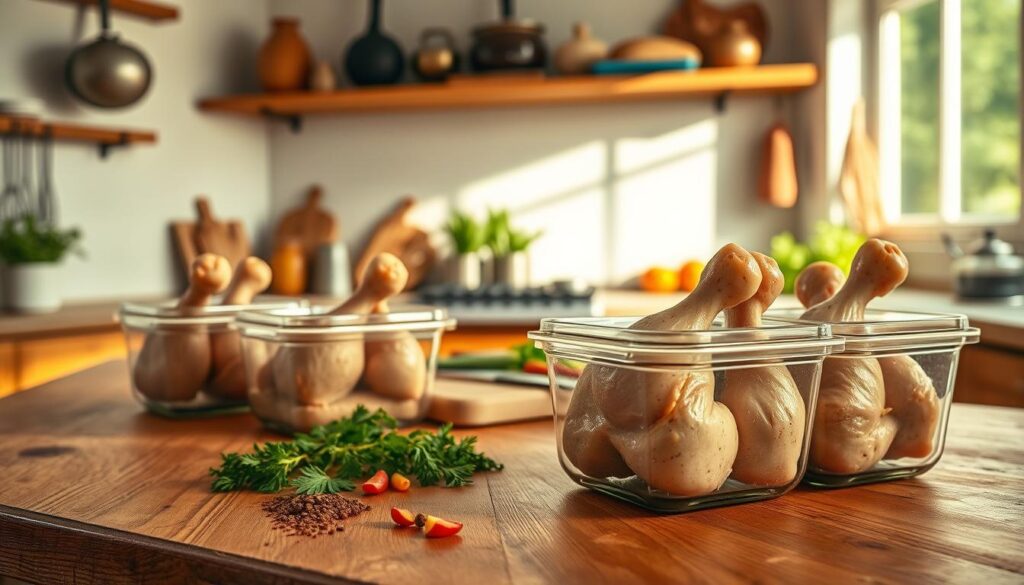 A rustic kitchen scene featuring a clean, wooden countertop with several well-stored chicken drumsticks in airtight glass containers, showcasing proper food preservation. The foreground highlights a few flavorful herbs and spices scattered around the containers, enhancing the freshness of the chicken. In the middle, include a cutting board with a knife and some vegetables, suggesting preparation for future meals. The background features a softly lit kitchen with warm tones and wooden shelves displaying cooking utensils and hanging pots, adding a cozy atmosphere. Natural lighting streams in from a nearby window, creating gentle shadows that evoke a homey and inviting feel. The overall scene should inspire a sense of careful meal planning and storage.