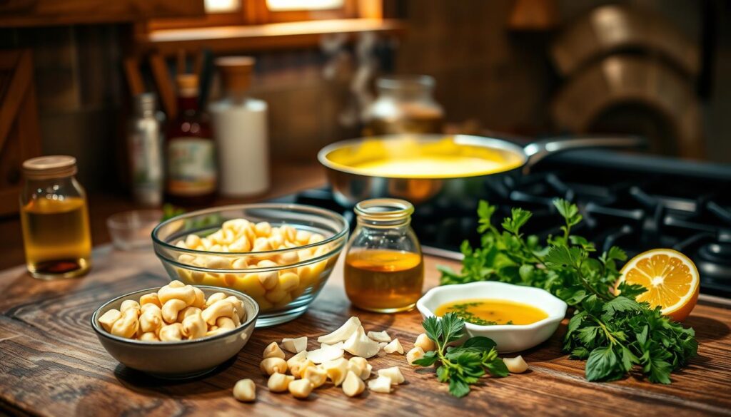 A rustic kitchen scene featuring a wooden countertop with vibrant ingredients for a creamy sauce without cream. In the foreground, a bowl of blended cashews, a small dish of olive oil, finely chopped garlic, and fresh herbs such as basil and parsley are artfully arranged. A small jar of vegetable broth and a lemon half are nearby, hinting at flavor enhancement. In the middle, a skillet on a stove holds a simmering yellow sauce that represents the final dish, with steam rising gently. The background showcases warm, ambient lighting from a window, casting soft shadows that evoke a cozy cooking atmosphere. Emphasize the colors and textures of the ingredients to create an inviting, appetizing scene. A rustic kitchen scene featuring a wooden countertop with vibrant ingredients for a creamy sauce without cream. In the foreground, a bowl of blended cashews, a small dish of olive oil, finely chopped garlic, and fresh herbs such as basil and parsley are artfully arranged. A small jar of vegetable broth and a lemon half are nearby, hinting at flavor enhancement. In the middle, a skillet on a stove holds a simmering yellow sauce that represents the final dish, with steam rising gently. The background showcases warm, ambient lighting from a window, casting soft shadows that evoke a cozy cooking atmosphere. Emphasize the colors and textures of the ingredients to create an inviting, appetizing scene.