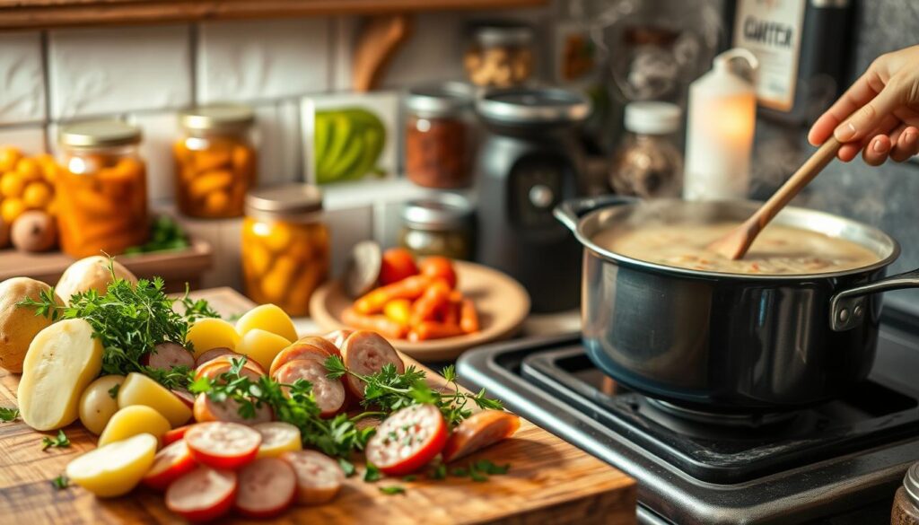 A rustic kitchen scene featuring the preparation of traditional Polish żurek soup. In the foreground, a wooden cutting board is adorned with sliced ingredients: fresh sausages, boiled potatoes, and vibrant herbs. A steaming pot of żurek simmers on a vintage stove, filled with a rich, creamy broth emphasizing its texture. The middle ground showcases a hand gently stirring the soup with a wooden spoon, portraying action and engagement. In the background, shelves filled with jars of pickled vegetables and spices create an authentic, homely atmosphere. Soft, warm lighting bathes the scene, evoking a cozy and inviting mood, while subtle steam rises from the pot, hinting at the delicious aroma of the dish.
