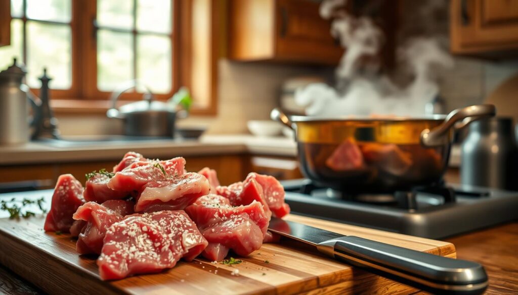 A rustic kitchen scene focused on the preparation of beef for goulash. In the foreground, a wooden cutting board displays chunky pieces of fresh, raw beef, glistening with a sprinkle of sea salt and cracked pepper. A sharp chef's knife lies beside the meat, with herbs like thyme and bay leaves scattered around. In the middle ground, a pot simmering with a rich, aromatic broth sits on a vintage stove, steam gently rising. The background features a window with soft, natural light filtering in, illuminating the warm tones of the wooden cabinetry. The atmosphere is cozy and inviting, emphasizing the culinary process involved in preparing beef for a hearty meal.