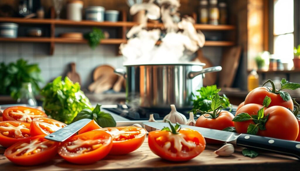 A rustic kitchen scene focused on various techniques for cooking tomatoes for puree. The foreground features fresh, ripe tomatoes sliced and whole on a wooden cutting board, with a sharp chef's knife resting nearby. In the middle, a large stainless steel pot gently simmering on a stovetop, steam rising and creating a warm atmosphere. Surrounding the pot, vibrant herbs like basil and parsley, along with garlic cloves ready for seasoning, add a touch of color and freshness. The background displays shelves filled with kitchen utensils and jars of spices, with natural light streaming in through a window, casting soft shadows and enhancing the inviting ambiance. The mood captures the essence of traditional cooking with an emphasis on warmth and homeliness.