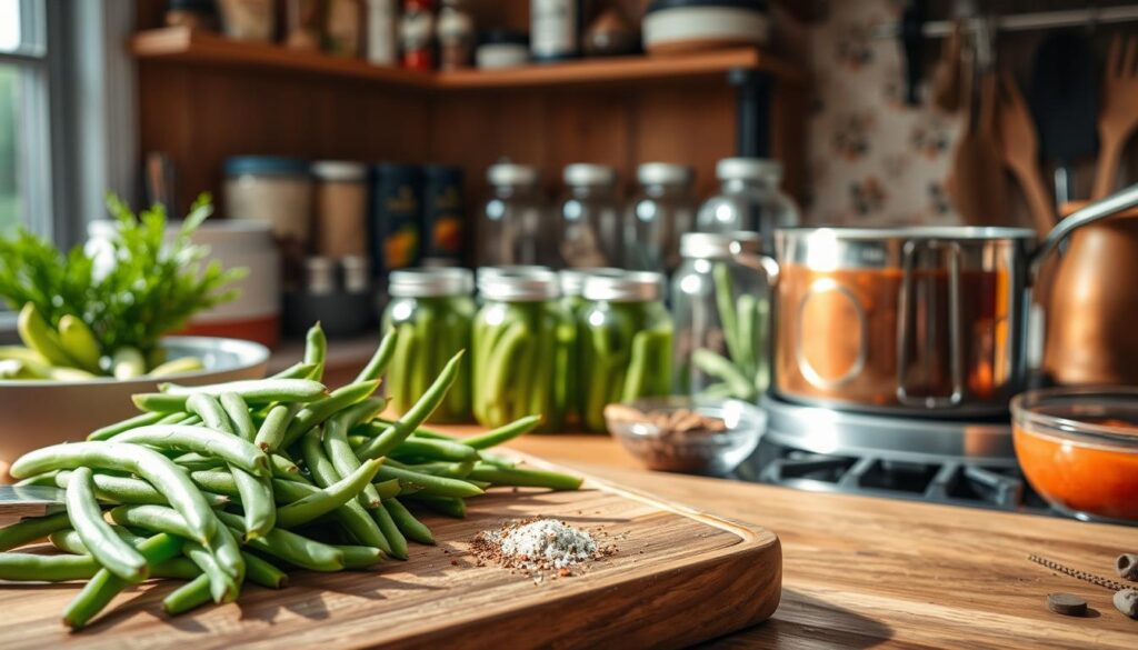A rustic kitchen scene showcasing the preparation of green beans for canning. In the foreground, a wooden cutting board displays freshly washed, vibrant green beans, their ends being trimmed with a sharp knife. To the side, a bowl holds a mix of aromatic herbs and spices ready for seasoning. In the middle ground, an array of clean, glass canning jars stand neatly arranged, while a simmering pot of tomato sauce bubbles gently on the stove, casting a warm glow. The background features wooden shelves stocked with spices and utensils, creating a cozy atmosphere. Soft, natural lighting streams in through a window, illuminating the scene and creating inviting shadows that enhance the homely feel of this seasonal preparation. A rustic kitchen scene showcasing the preparation of green beans for canning. In the foreground, a wooden cutting board displays freshly washed, vibrant green beans, their ends being trimmed with a sharp knife. To the side, a bowl holds a mix of aromatic herbs and spices ready for seasoning. In the middle ground, an array of clean, glass canning jars stand neatly arranged, while a simmering pot of tomato sauce bubbles gently on the stove, casting a warm glow. The background features wooden shelves stocked with spices and utensils, creating a cozy atmosphere. Soft, natural lighting streams in through a window, illuminating the scene and creating inviting shadows that enhance the homely feel of this seasonal preparation.