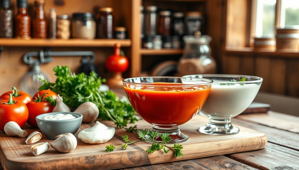 A rustic kitchen scene showcasing two types of sauces for gołąbki: one tomato-based and the other creamy sour cream sauce. In the foreground, a wooden cutting board holds fresh ingredients like ripe tomatoes, garlic cloves, and herbs, along with a small bowl of sour cream. In the middle, two elegant glass bowls display the vibrant red tomato sauce and a smooth white sour cream sauce, garnished with fresh parsley. The background features warm wooden shelves stocked with spices and jars of homemade preserves, bathed in soft, natural lighting coming from a nearby window, creating a cozy, inviting atmosphere. Capture the essence of Polish home cooking with a focus on freshness and tradition.