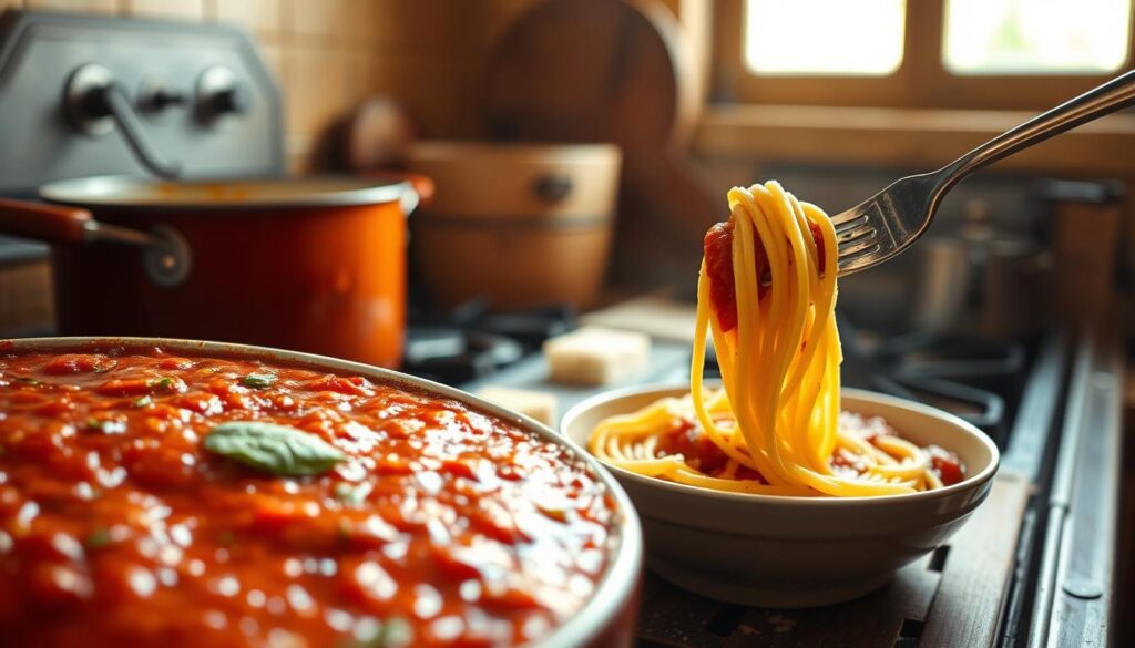 A rustic kitchen setting, featuring a rich, thick spaghetti sauce simmering in a vintage pot on a wooden stove. The foreground showcases a tantalizing close-up of the sauce, vibrant red with flecks of fresh basil and garlic. In the middle, a bowl of al dente spaghetti is elegantly twirled with a fork, lightly coated with the sauce, positioned next to a sprinkle of grated Parmesan cheese. In the background, soft, diffused natural light streams through a window, casting a warm, inviting glow over the scene. The atmosphere is cozy and appetizing, evoking a sense of comfort and culinary delight. The lens perspective is slightly tilted to enhance the depth, creating an inviting focal point on the delicious sauce and pasta.