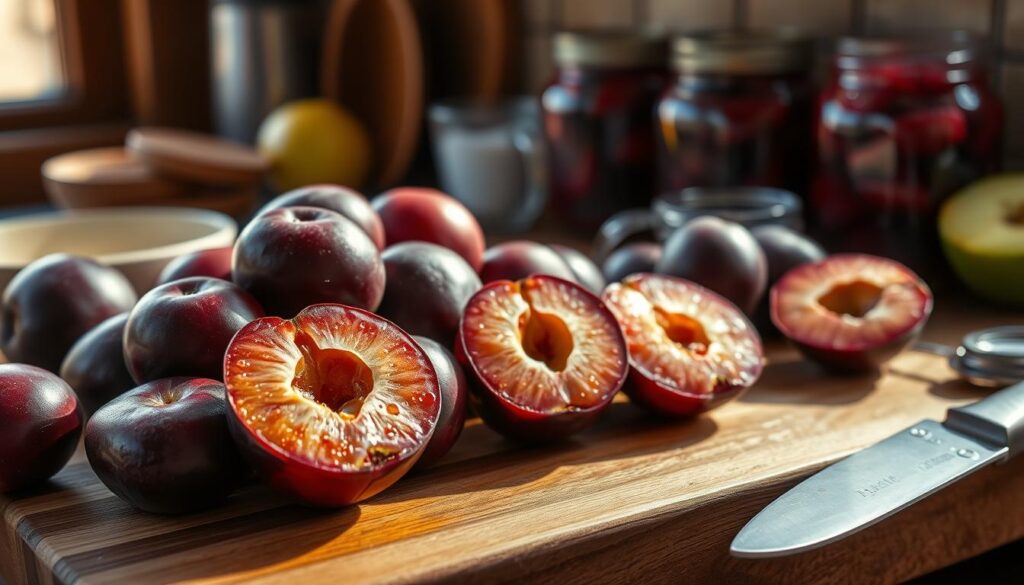 A rustic kitchen setting filled with vibrant, ripe plums showcased on a wooden cutting board. The foreground features freshly halved plums, their rich purple skin glistening in natural light, with juice droplets catching the light. Surrounding the cutting board are essential tools for preparing plums for freezing: a sharp knife, a bowl for pits, and a small measuring cup filled with sugar. In the background, warm sunlight filters through a window, illuminating a few jars of homemade plum preserves. The mood is inviting and homey, emphasizing the preparation process. The scene should have a soft focus, giving a nostalgic feel, with gentle shadows adding depth, highlighting the beauty of the fruit in its natural state.