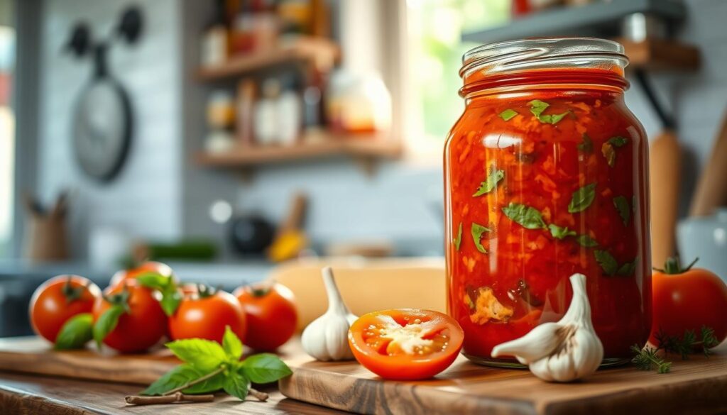 A rustic kitchen setting focusing on a glass jar filled with vibrant homemade pizza sauce, highlighting its rich red color and fresh herbs like basil and oregano. In the foreground, a wooden cutting board displays fresh tomatoes, garlic cloves, and olive oil alongside the jar, emphasizing the ingredients used in the sauce. The middle ground features gentle, diffused sunlight streaming through a window, creating a warm and inviting atmosphere. In the background, a shelf lined with spices and condiments adds depth to the scene. The image should have a soft focus to evoke a sense of comfort and home cooking, captured at a slightly elevated angle to highlight the jar's details and laid-back charm.
