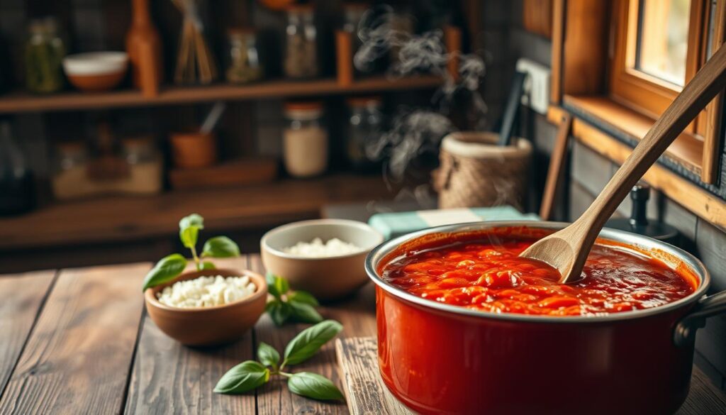 A rustic wooden kitchen counter is adorned with a bubbling pot of rich tomato sauce, hinting at its thickness. In the foreground, a wooden spoon stirs the vibrant red sauce, steam rising gently from it, suggesting heat and flavor. Beside the pot, fresh basil leaves and a small bowl of grated cheese are ready to complement the dish. In the middle ground, a soft, warm light streams through a nearby window, illuminating the sauce’s rich texture and inspiring a cozy, inviting atmosphere. The background features shelves lined with simple kitchen utensils and jars of dried herbs, evoking a homey cooking environment. The overall mood is warm and comforting, celebrating the art of homemade cooking.