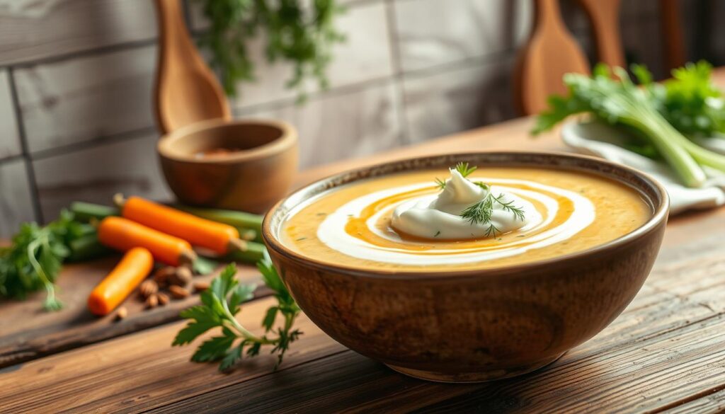 A rustic wooden table displays a steaming bowl of creamy soup, showcasing rich textures and colors. In the foreground, a dollop of fresh sour cream swirls atop the vibrant soup, garnished with fresh herbs like parsley and dill. In the middle ground, a few ingredients such as carrots, celery, and spices are scattered, emphasizing the culinary theme. The background features a softly lit kitchen setting, with herbs hanging and wooden utensils in focus. The lighting is warm and inviting, casting a gentle glow that highlights the creamy consistency of the soup and the freshness of the ingredients. The overall mood is cozy and homey, perfect for illustrating the use of cream in soups and simple sauces.