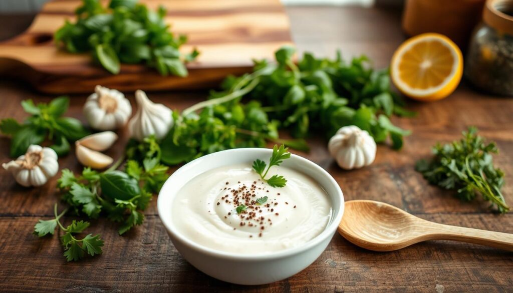 A rustic wooden table is beautifully set with an array of fresh ingredients for a creamy pizza sauce. In the foreground, a small white bowl is filled with a rich, velvety white sauce, garnished with sprigs of parsley and a sprinkle of black pepper. Nearby, a wooden spoon rests beside the bowl, invitingly poised as if ready for mixing. In the middle ground, herbs like basil and oregano, along with cloves of garlic and a lemon half, create a vibrant and aromatic display. The background features soft, blurred kitchen elements such as a wooden cutting board and a light-filled window, adding warmth and homeliness to the scene. The lighting is soft and natural, casting gentle shadows that enhance the textures, evoking a cozy cooking atmosphere.