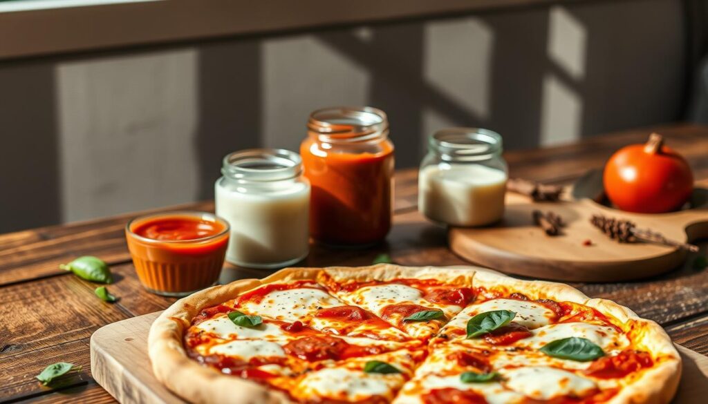 A rustic wooden table is set with a variety of pizza sauces ready for serving, featuring vibrant red tomato sauce in a small ceramic bowl and creamy white sauce in a glass jar. In the foreground, a pizza is placed on a wooden cutting board, cheese bubbling and toppings artfully arranged. The middle section includes a drizzle of sauce over the pizza, highlighting the act of presenting these flavorful options. In the background, soft natural light streams through a window, casting inviting shadows that enhance the warm, cozy atmosphere. A few fresh basil leaves and spices are scattered around, enhancing the culinary theme. The overall mood is appetizing and inviting, perfect for showcasing delicious pizza sauce pairings.