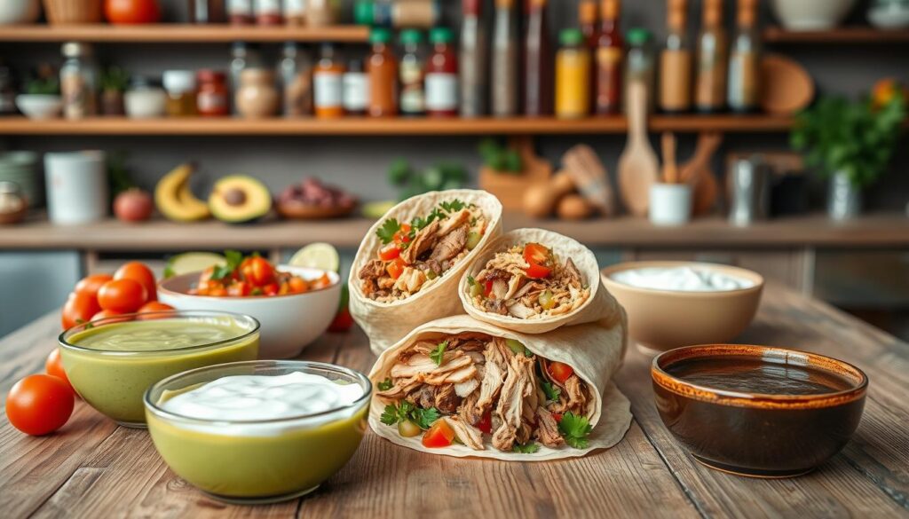 A rustic wooden table set in a warm, inviting kitchen. In the foreground, several colorful bowls filled with a variety of sauces complementing tortilla wraps — a vibrant green avocado sauce, a bright red salsa, a creamy white yogurt sauce, and a rich dark mole sauce. Each bowl is surrounded by fresh ingredients: ripe tomatoes, slices of avocado, lime wedges, and sprigs of cilantro. In the middle ground, a well-prepared tortilla wrap sliced in half reveals a mixture of shredded chicken, beef, and grilled vegetables, showcasing the different sauces. The background features shelves filled with spices and cooking utensils, bathed in soft, natural light that creates a cozy and mouth-watering atmosphere, emphasizing culinary creativity and flavor exploration. The scene is shot from a slightly elevated angle to capture the arrangement of the sauces and tortilla wraps beautifully.