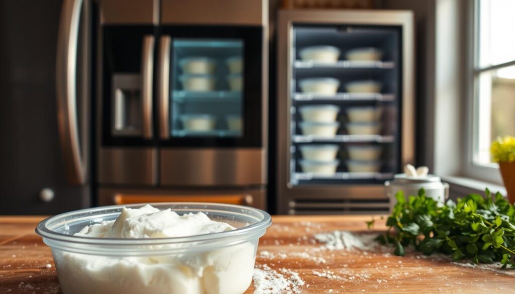 A serene kitchen scene highlighting the process of freezing cottage cheese. In the foreground, a translucent plastic container filled with soft, white cottage cheese sits on a wooden kitchen counter, ice crystals gently forming on the surface. The middle ground features a modern freezer with its door slightly ajar, showcasing the neatly stacked containers of cottage cheese on the shelves. In the background, warm, natural light filters through a window, casting soft shadows and enhancing the cozy atmosphere. There’s a light dusting of flour on the counter, symbolizing baking, while fresh herbs are gathered nearby, adding color and vibrancy. The image conveys a sense of calm and practicality, illustrating the simple yet essential process of freezing cottage cheese.